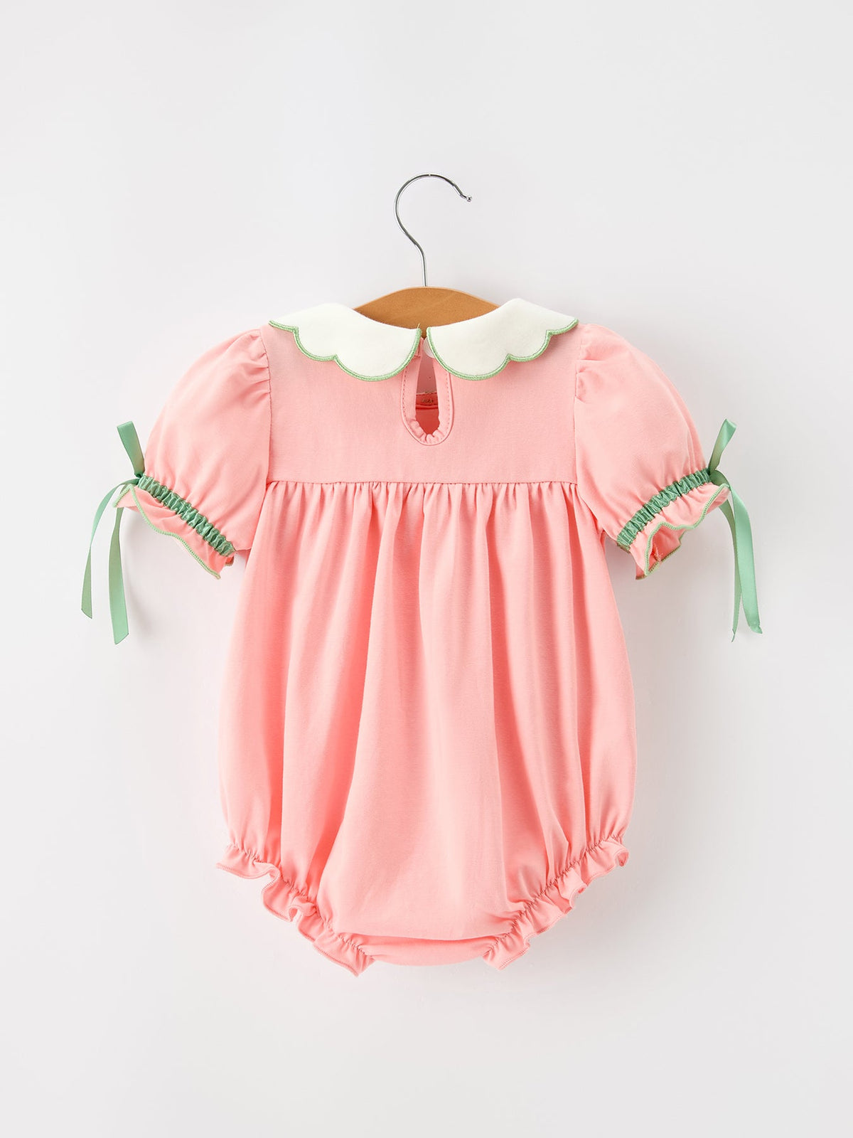 Christmas Baby Girls Pink Christmas Tree Embroidered Ruffle Romper by Rylee Faith Designs