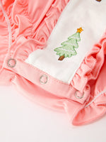 Christmas Baby Girls Pink Christmas Tree Embroidered Ruffle Romper by Rylee Faith Designs
