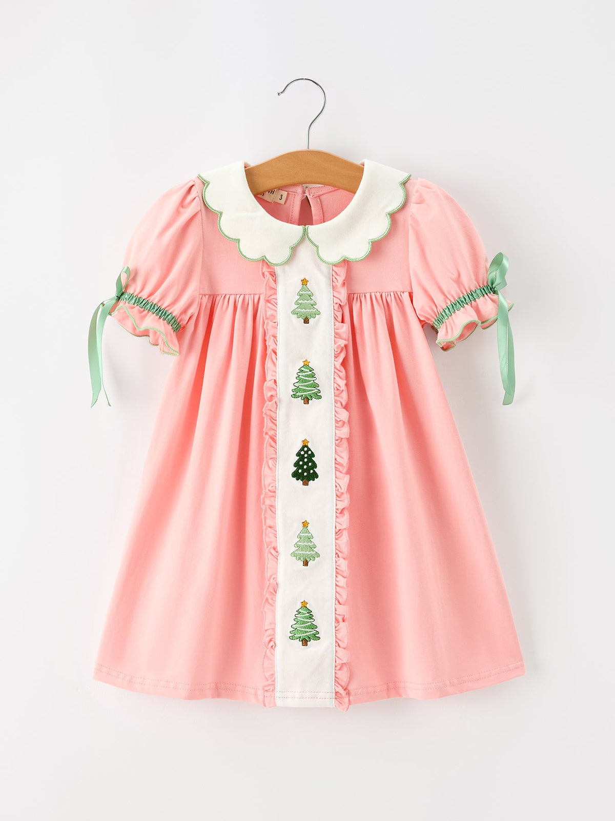 Christmas Girls Pink Christmas Tree Embroidered Ruffle Dress by Rylee Faith Designs