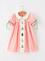 Christmas Girls Pink Christmas Tree Embroidered Ruffle Dress by Rylee Faith Designs
