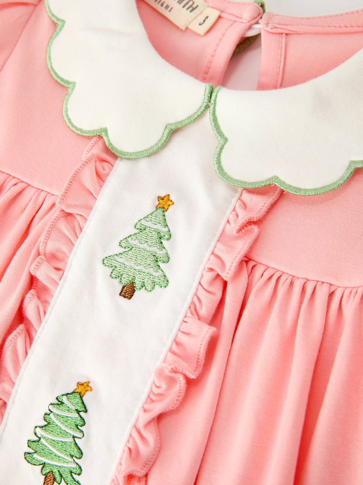 Christmas Girls Pink Christmas Tree Embroidered Ruffle Dress by Rylee Faith Designs