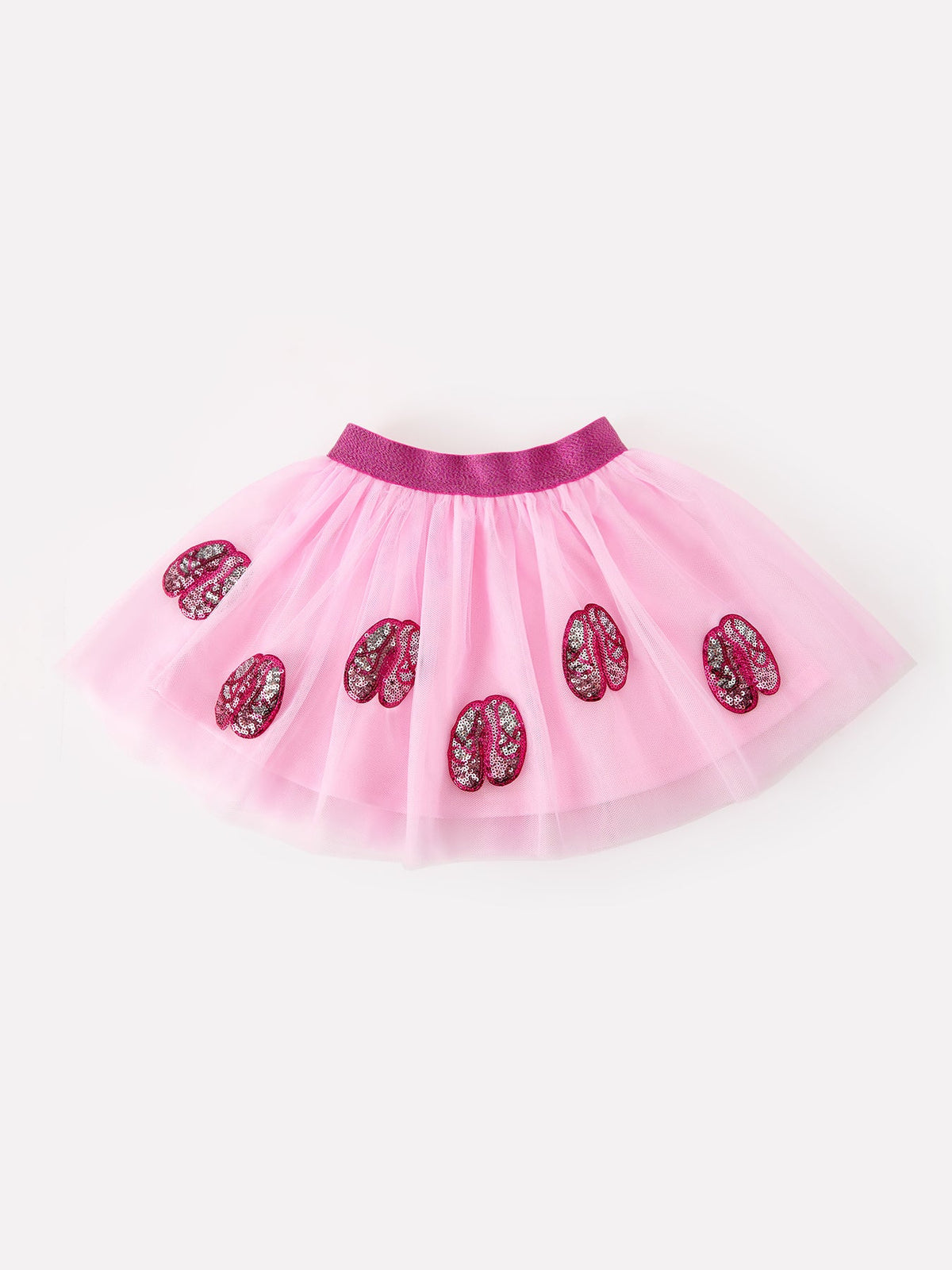 Pink tulle tutu skirt with sequin ballet slipper accents and a shimmering pink elastic waistband