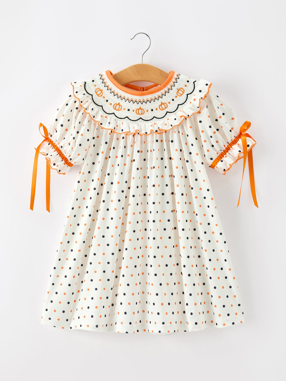 Halloween Pumpkin Smocked Girls Dress Polka Dot Ruffle Sleeve by Rylee Faith Designs