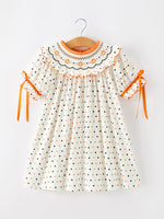 Halloween Pumpkin Smocked Girls Dress Polka Dot Ruffle Sleeve by Rylee Faith Designs