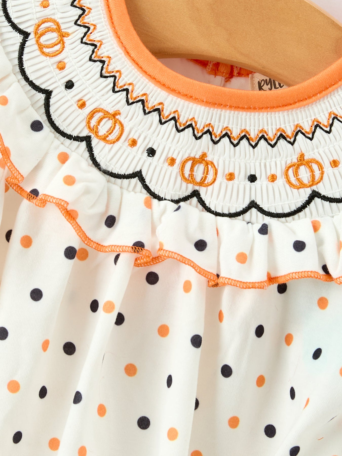 Halloween Pumpkin Smocked Girls Dress Polka Dot Ruffle Sleeve by Rylee Faith Designs