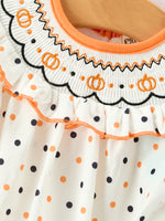 Halloween Pumpkin Smocked Girls Dress Polka Dot Ruffle Sleeve by Rylee Faith Designs