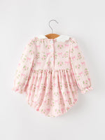 FALL Baby Girls Pink Floral Embroidered Collar Smocked Romper by Rylee Faith Designs