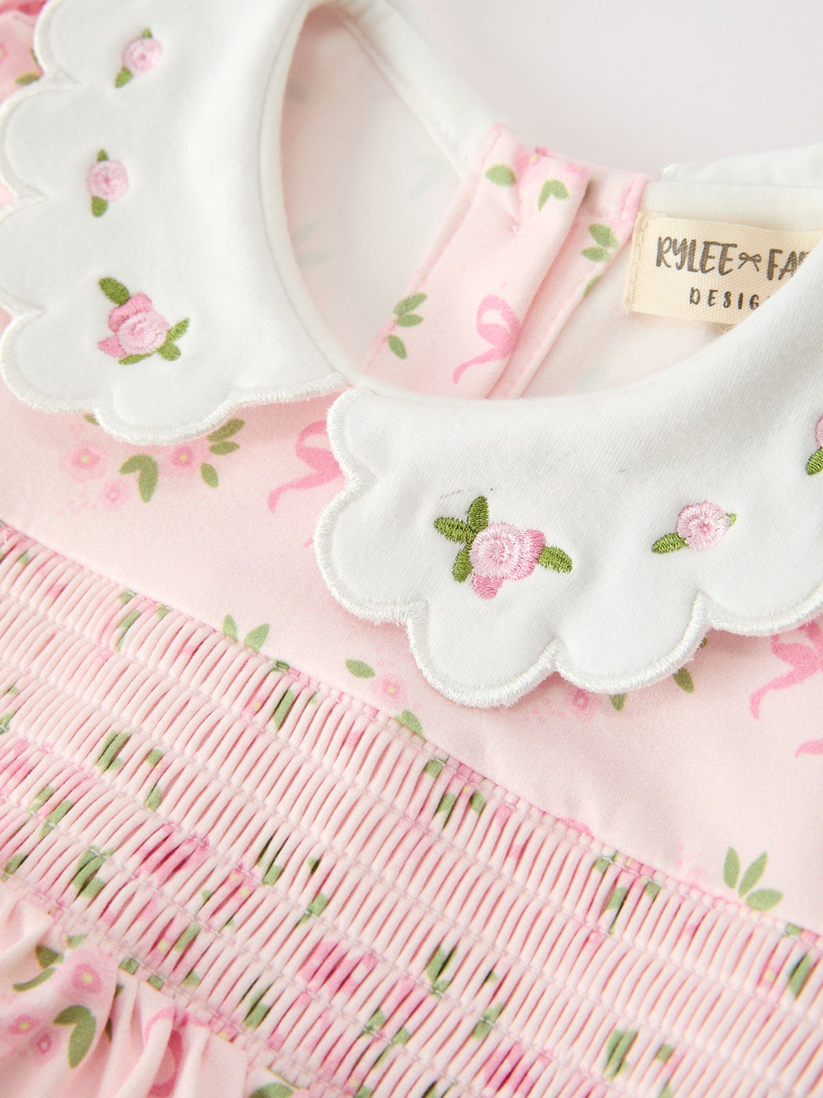 FALL Baby Girls Pink Floral Embroidered Collar Smocked Romper by Rylee Faith Designs