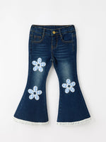 FALL Girls Floral Appliqué Denim Bell Bottom Jeans by Rylee Faith Designs
