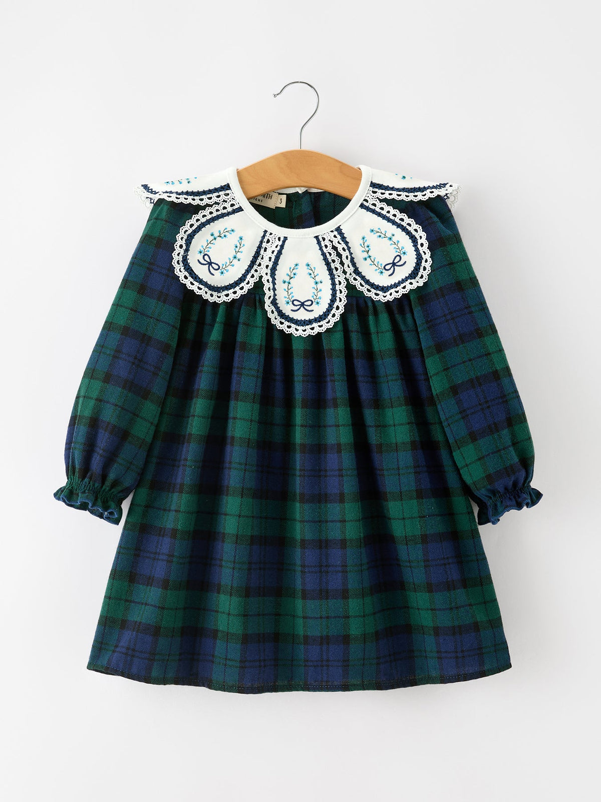 Christmas Girls Green & Navy Plaid Embroidered Collar Dress by Rylee Faith Designs