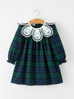Christmas Girls Green & Navy Plaid Embroidered Collar Dress by Rylee Faith Designs