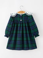 Christmas Girls Green & Navy Plaid Embroidered Collar Dress by Rylee Faith Designs