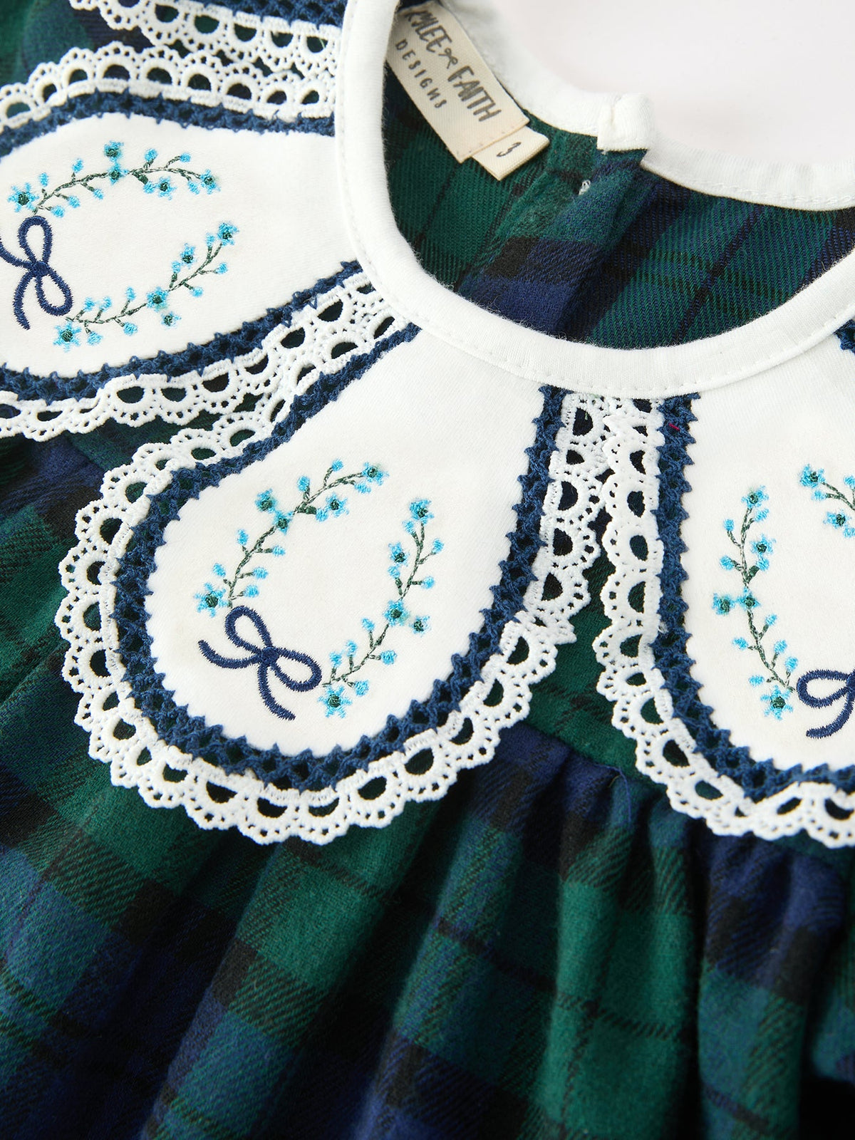 Christmas Girls Green & Navy Plaid Embroidered Collar Dress by Rylee Faith Designs