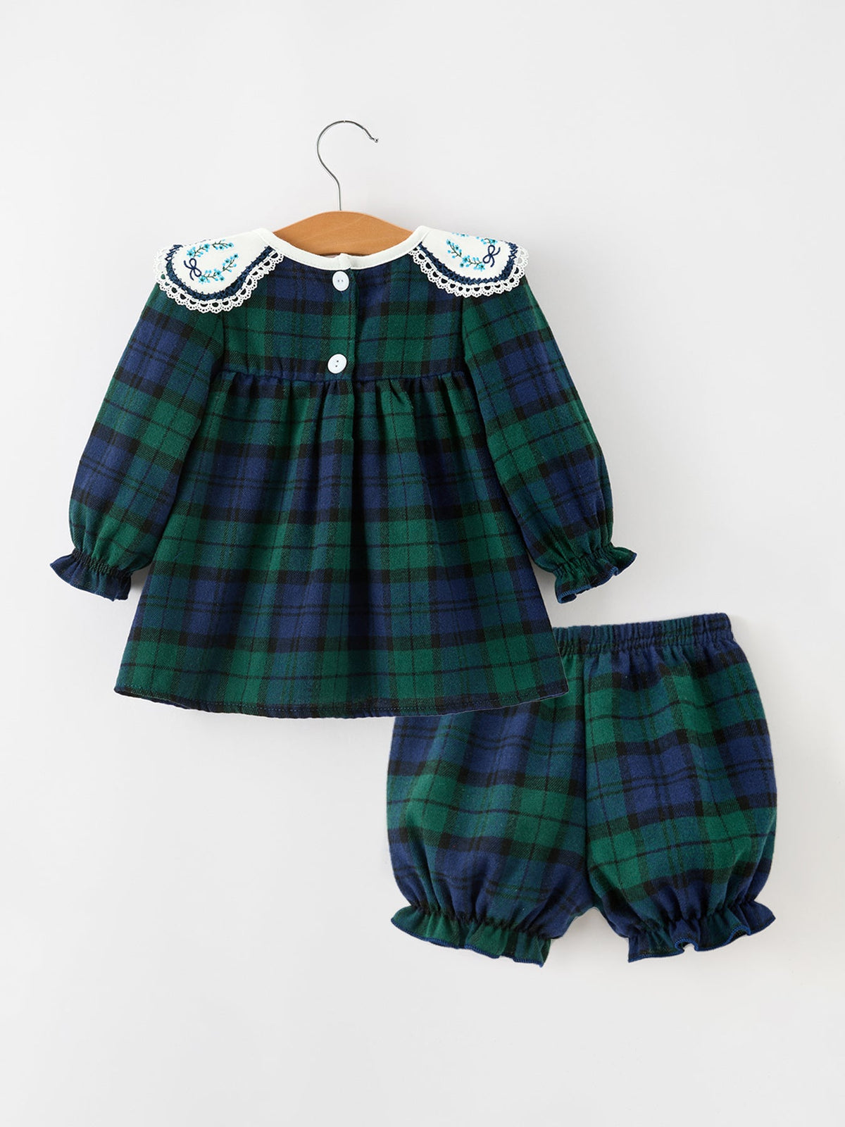 Christmas Girls Green & Navy Plaid Embroidered Bloomer Set by Rylee Faith Designs