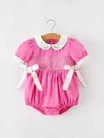 FALL Girls Hot Pink Floral Smocked Bow Bubble Romper by Rylee Faith Designs