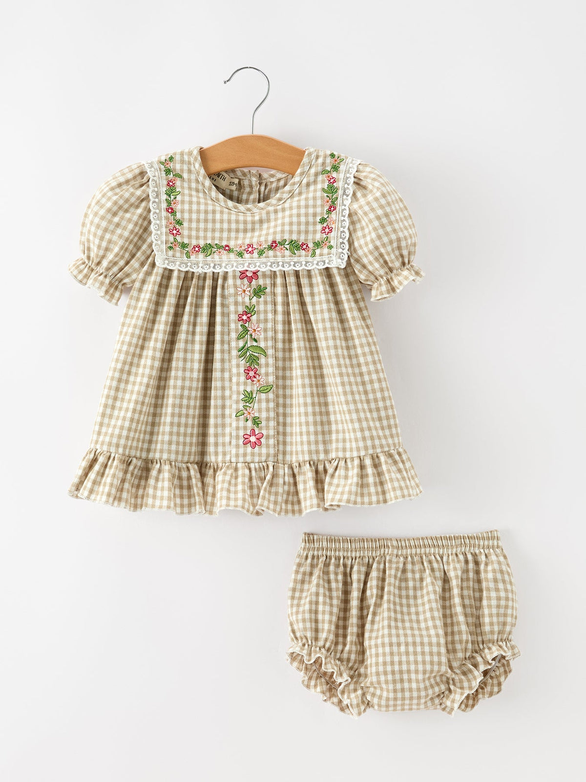 FALL Girls Khaki Plaid Floral Embroidered Bloomer Set by Rylee Faith Designs