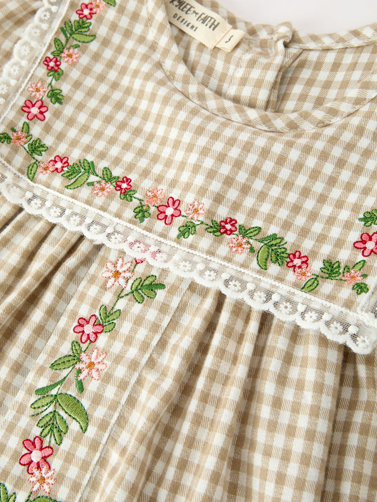 Fall Girls Khaki Plaid Floral Embroidered Dress by Rylee Faith Designs