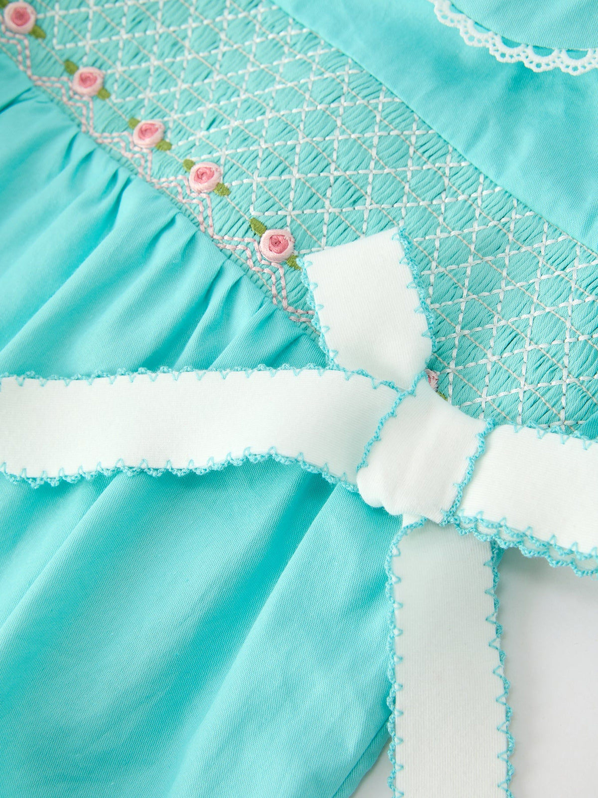 FALL Girls Aqua Smocked Floral Bow Bubble Romper by Rylee Faith Designs