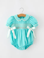 FALL Girls Aqua Smocked Floral Bow Bubble Romper by Rylee Faith Designs