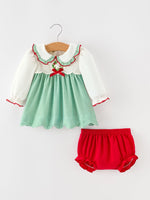 Baby Girls Christmas Green Plaid Embroidered Dress Top & Bloomer Set by Rylee Faith Designs