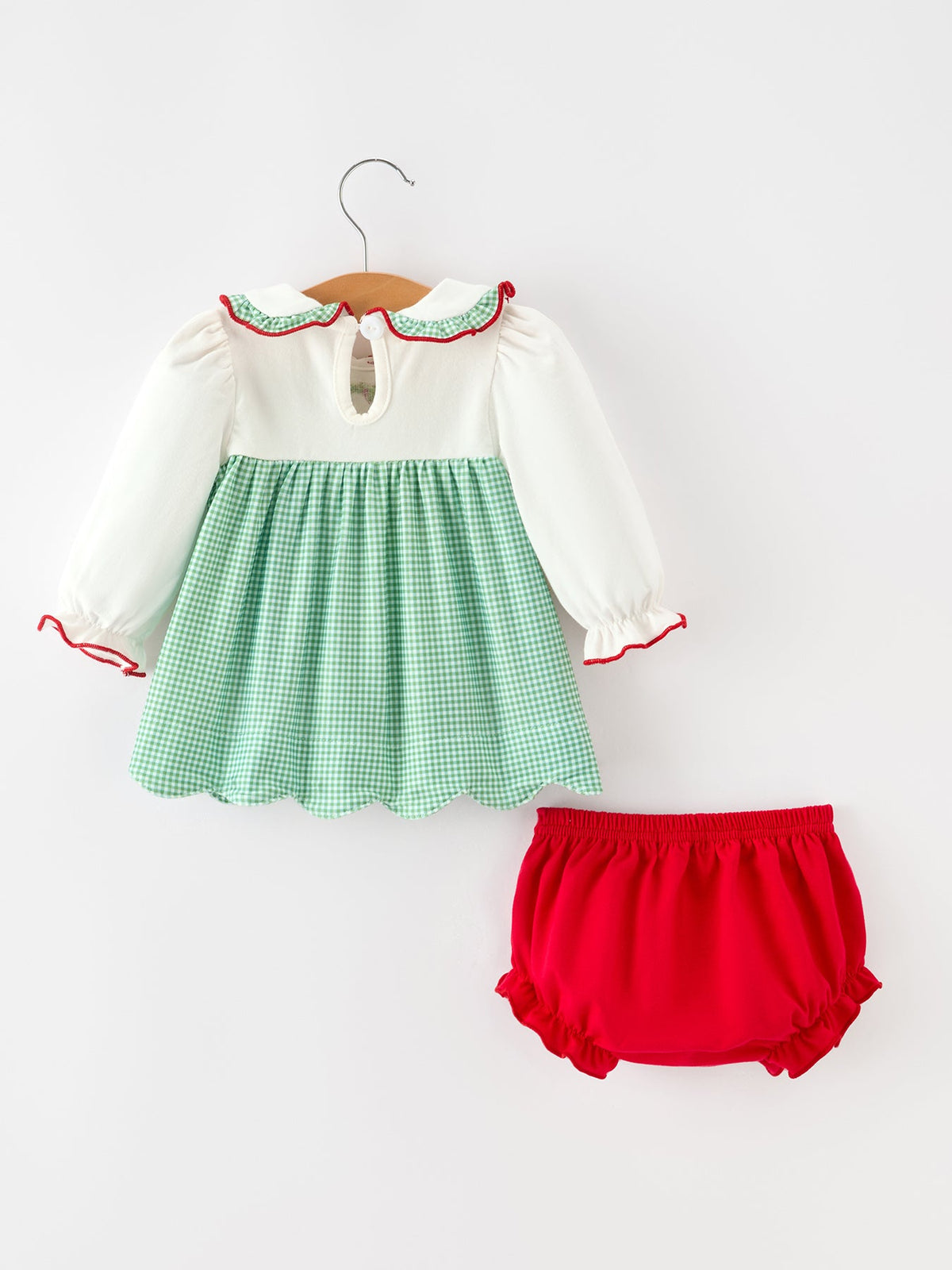 Baby Girls Christmas Green Plaid Embroidered Dress Top & Bloomer Set by Rylee Faith Designs