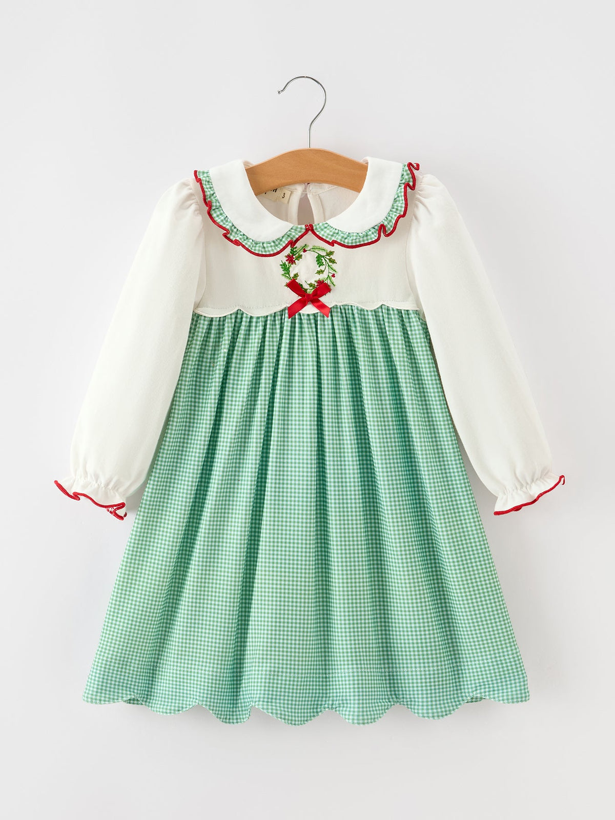 Girls Christmas Green Plaid Embroidered Long Sleeve Dress by Rylee Faith Designs