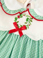 Girls Christmas Green Plaid Embroidered Long Sleeve Dress by Rylee Faith Designs