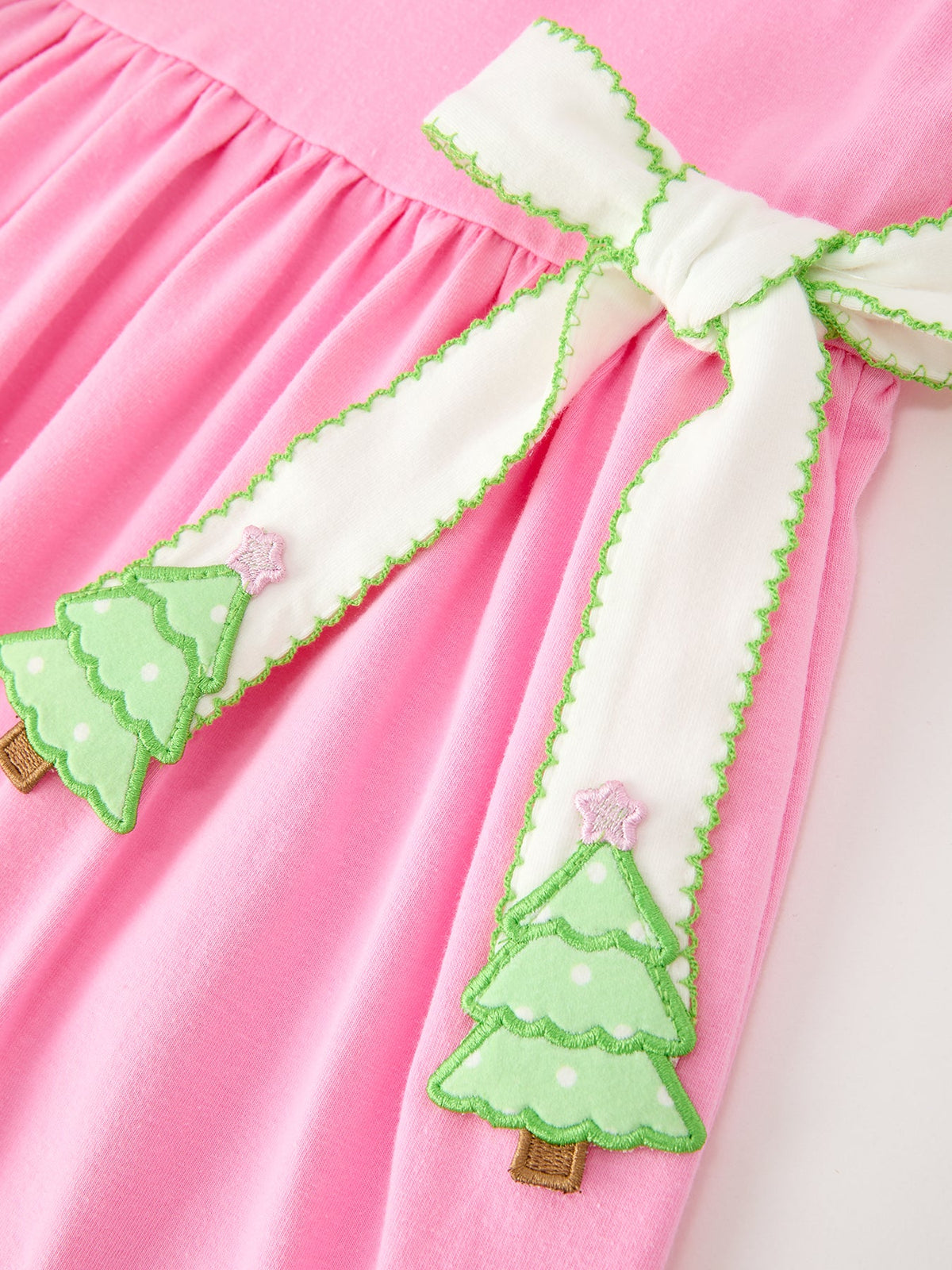 Girls Christmas Pink Bow & Christmas Tree Peter Pan Collar Dress by Rylee Faith Designs