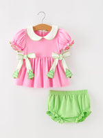 Baby Girls Christmas Pink Bow Christmas Tree Top & Bloomer Set by Rylee Faith Designs
