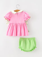 Baby Girls Christmas Pink Bow Christmas Tree Top & Bloomer Set by Rylee Faith Designs