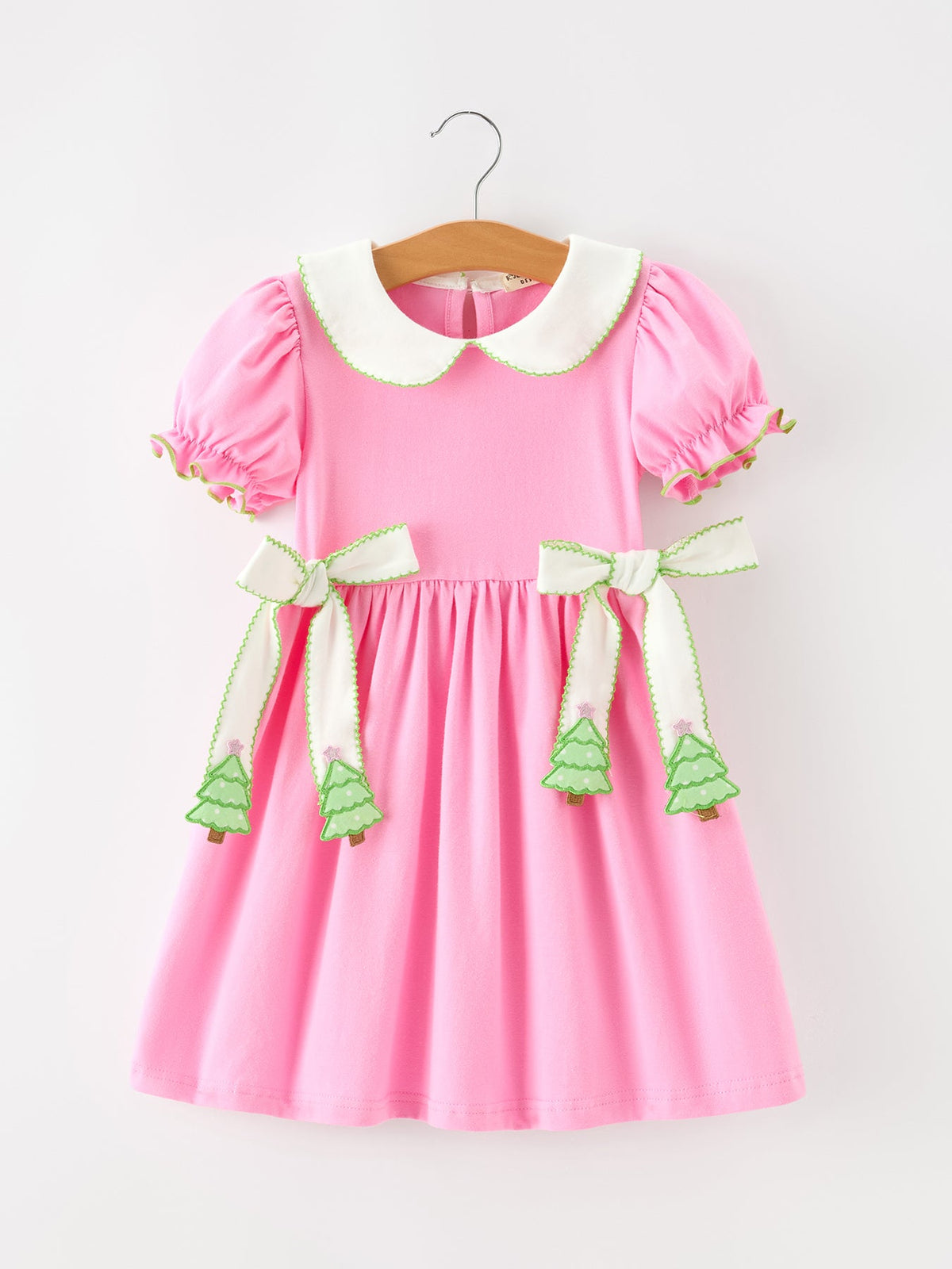 Girls Christmas Pink Bow & Christmas Tree Peter Pan Collar Dress by Rylee Faith Designs