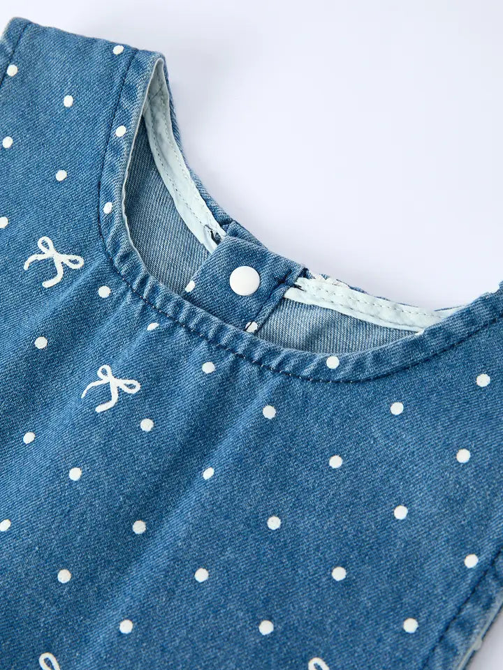 Spring Bow Dot Denim Ruffle Top and Pants Set 3/4 Pants by Rylee Faith Designs