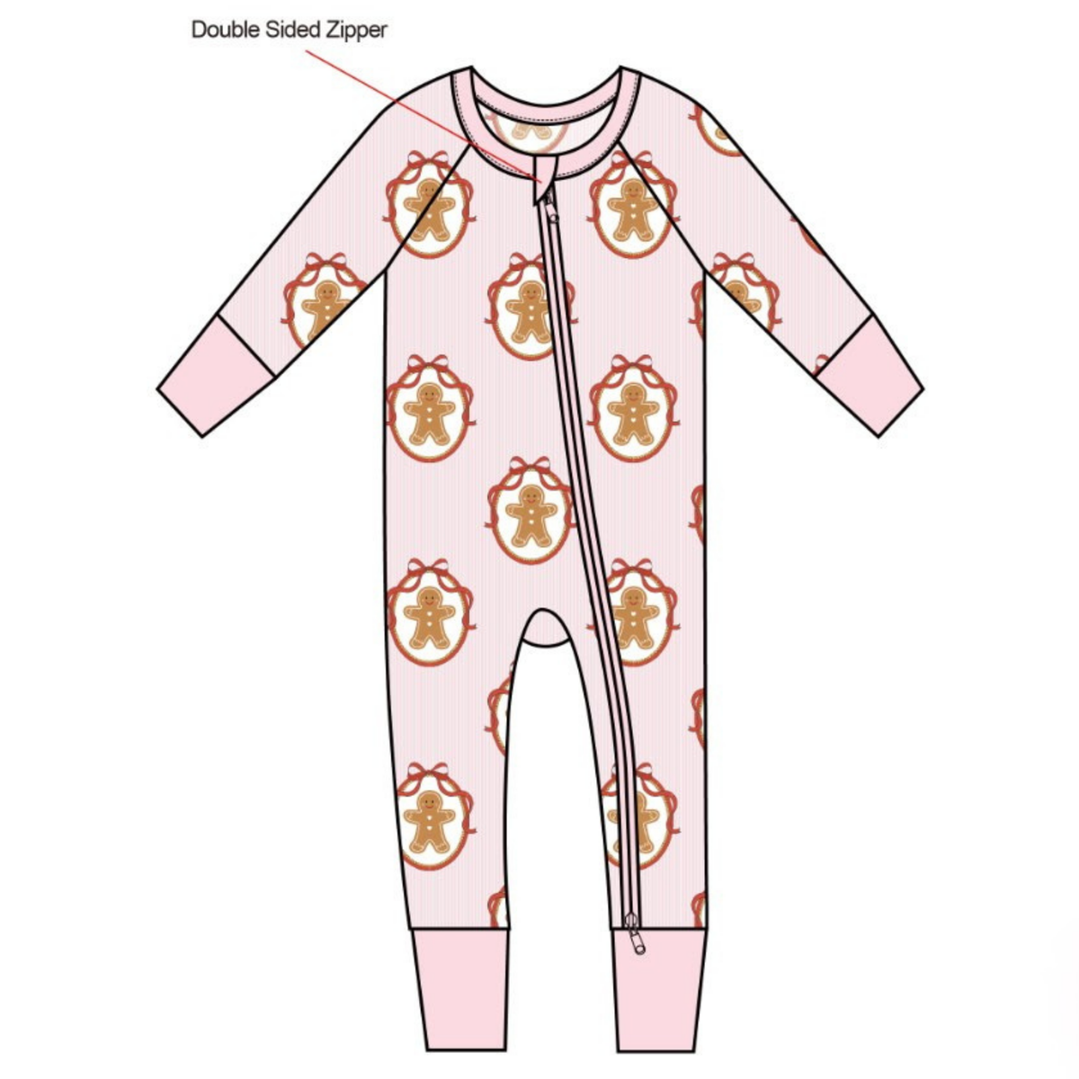 Pink gingerbread-print baby footed pajamas with a full-length two-way zipper and fold-over feet
