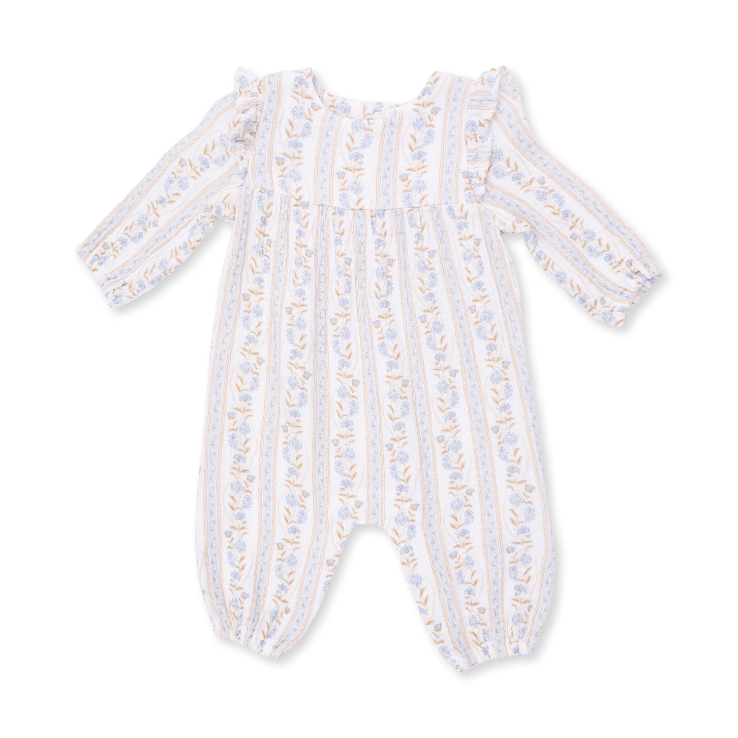 Ruffle sleeve baby romper in Catarina floral print with snap closures at the legs
