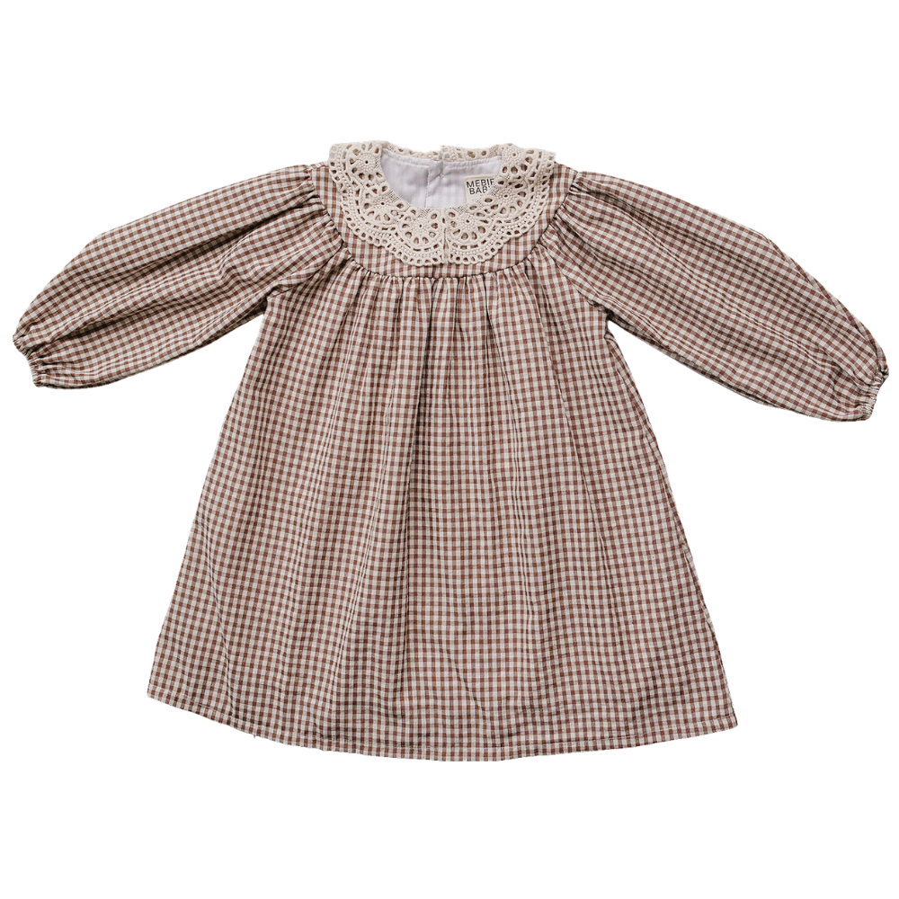 Camel gingham long-sleeve dress with lace detail on the collar.