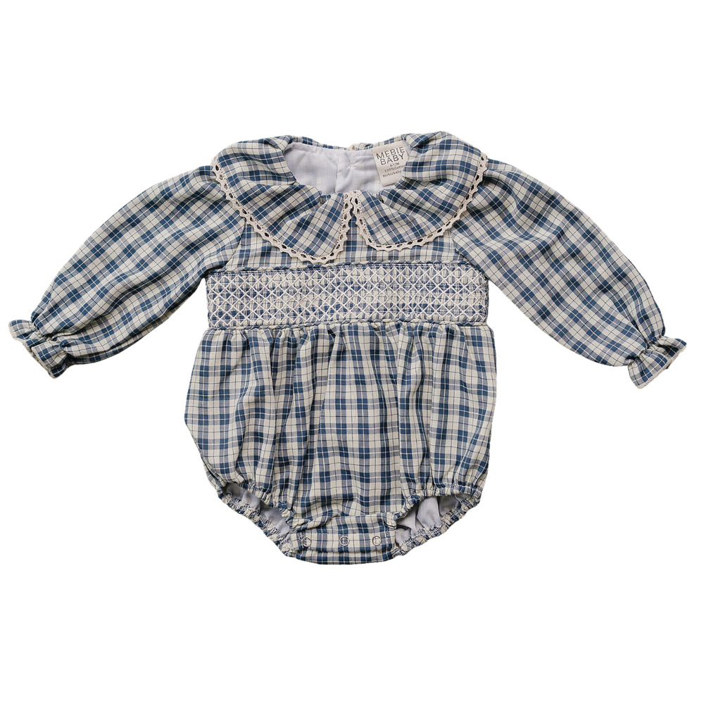 Blue plaid long-sleeve bubble romper with a ruffled Peter Pan collar and lace detail.