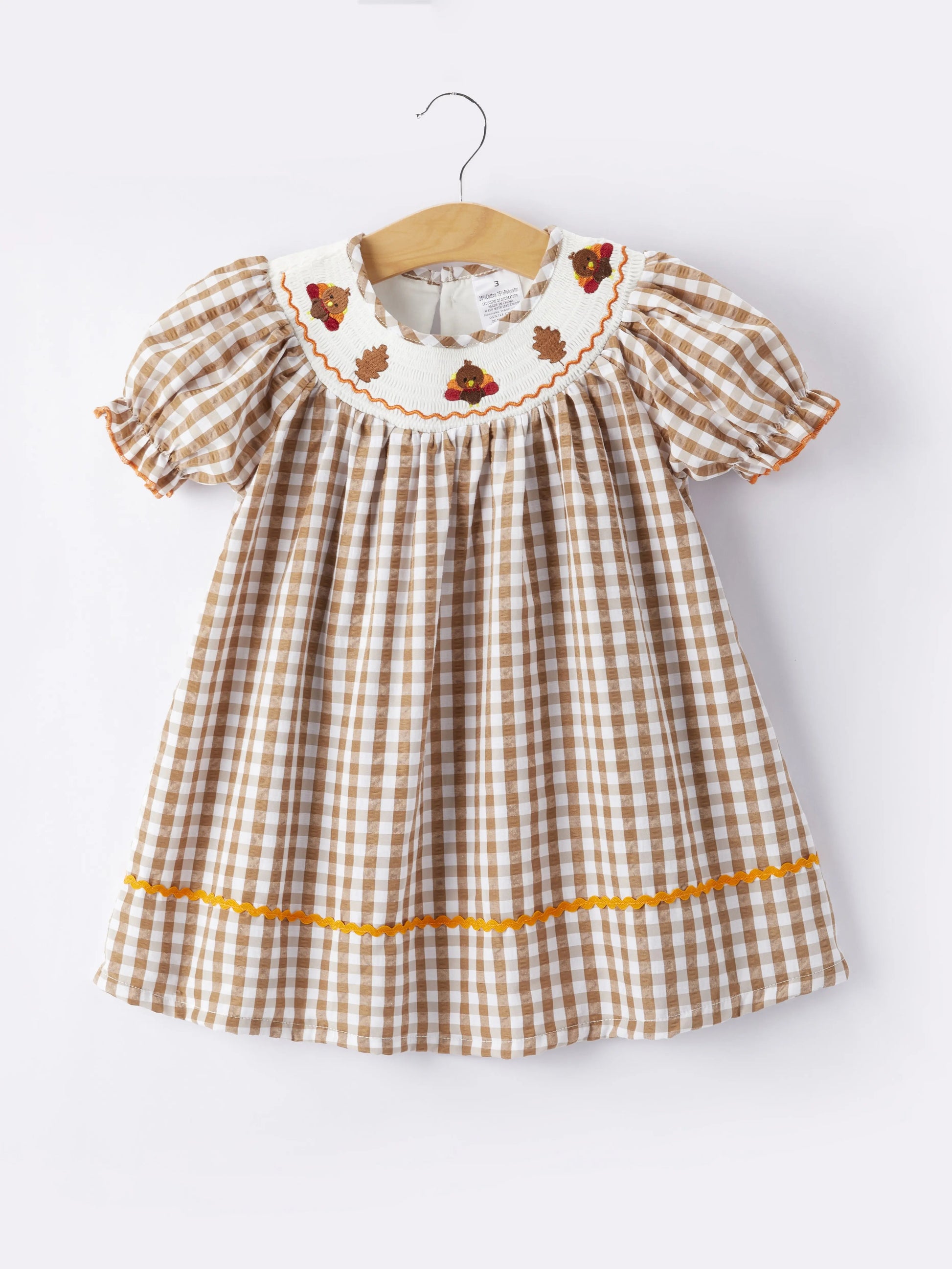Girls Thanksgiving Turkey Smocking Embroidered Brown Plaid Dress Rylee Faith Designs