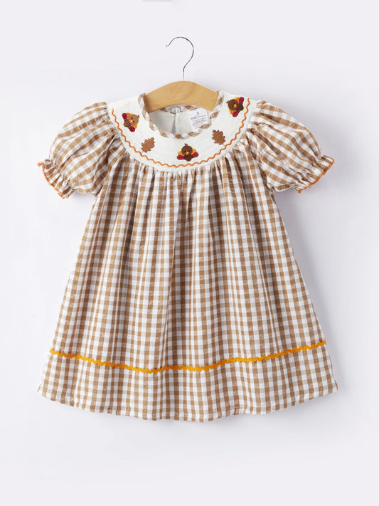 Girls Thanksgiving Turkey Smocking Embroidered Brown Plaid Dress Rylee Faith Designs