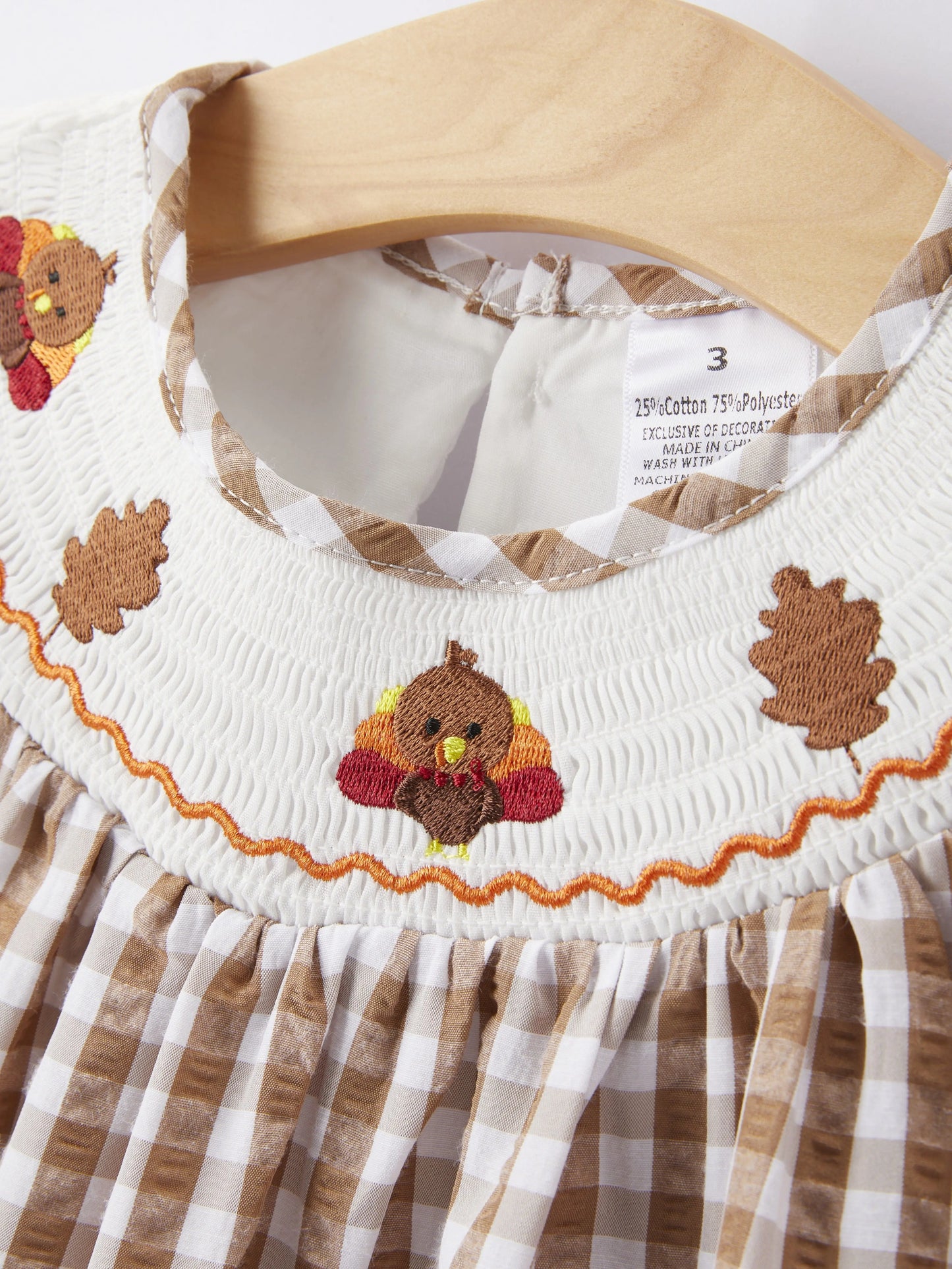 Girls Thanksgiving Turkey Smocking Embroidered Brown Plaid Dress Rylee Faith Designs