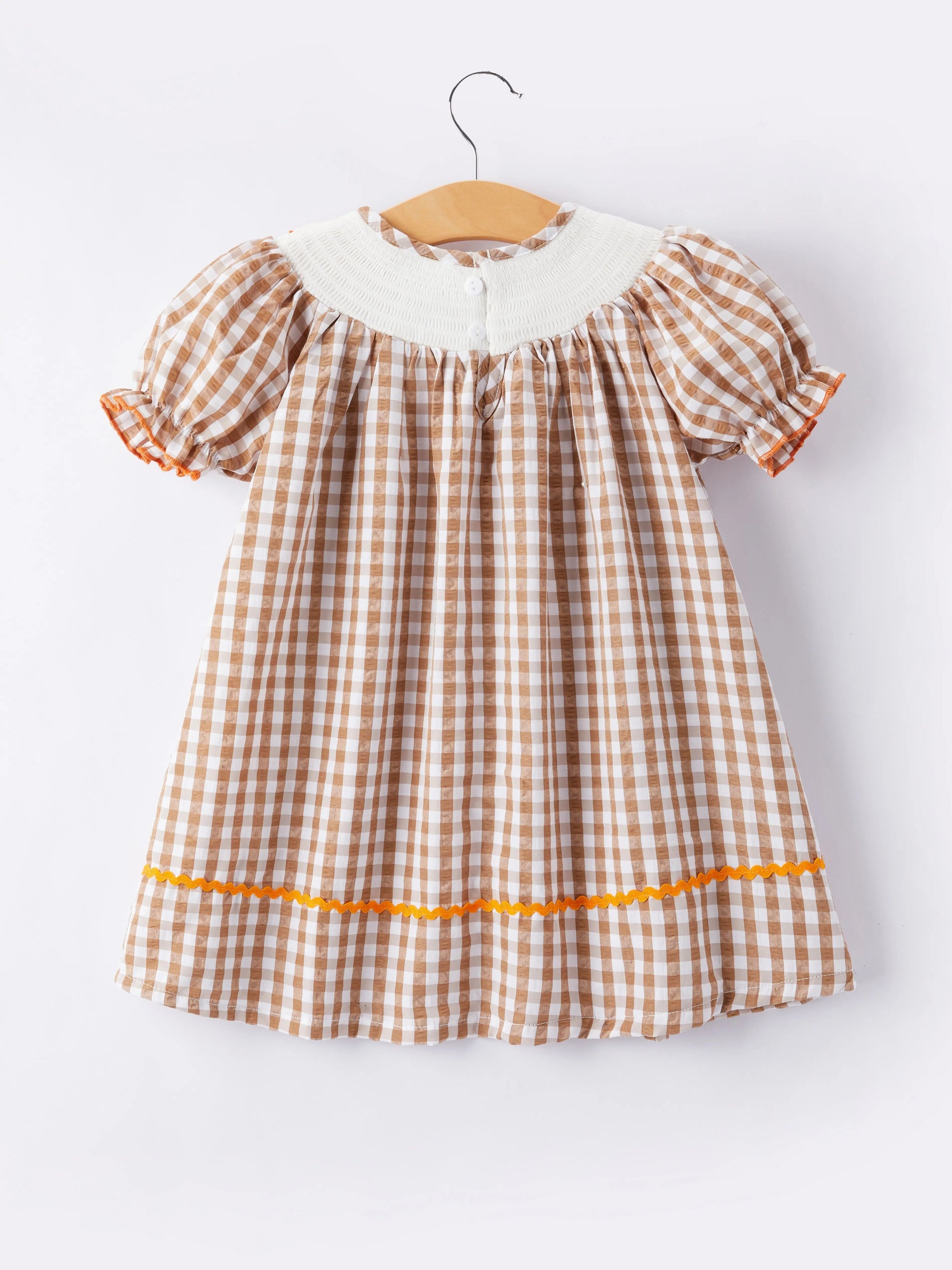 Girls Thanksgiving Turkey Smocking Embroidered Brown Plaid Dress Rylee Faith Designs