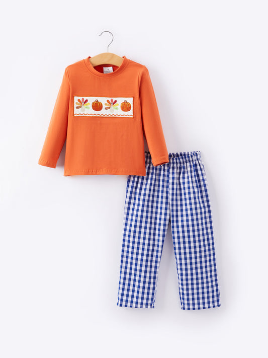 Boys Thanksgiving Smocking Embroidered Plaid Outfit Set Rylee Faith Designs Everetts Place: Online Boutique