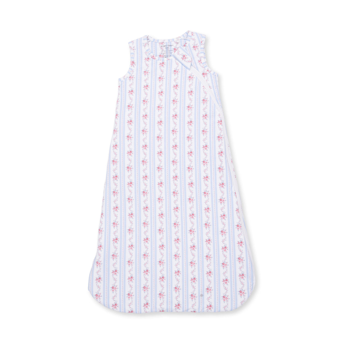Baby sleep bag in floral stripe print with two-way zipper front and sleeveless armholes