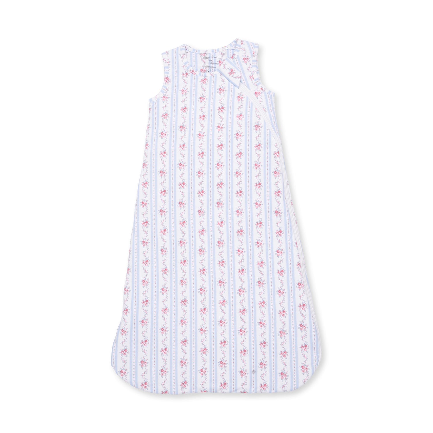 Baby sleep bag in floral stripe print with two-way zipper front and sleeveless armholes