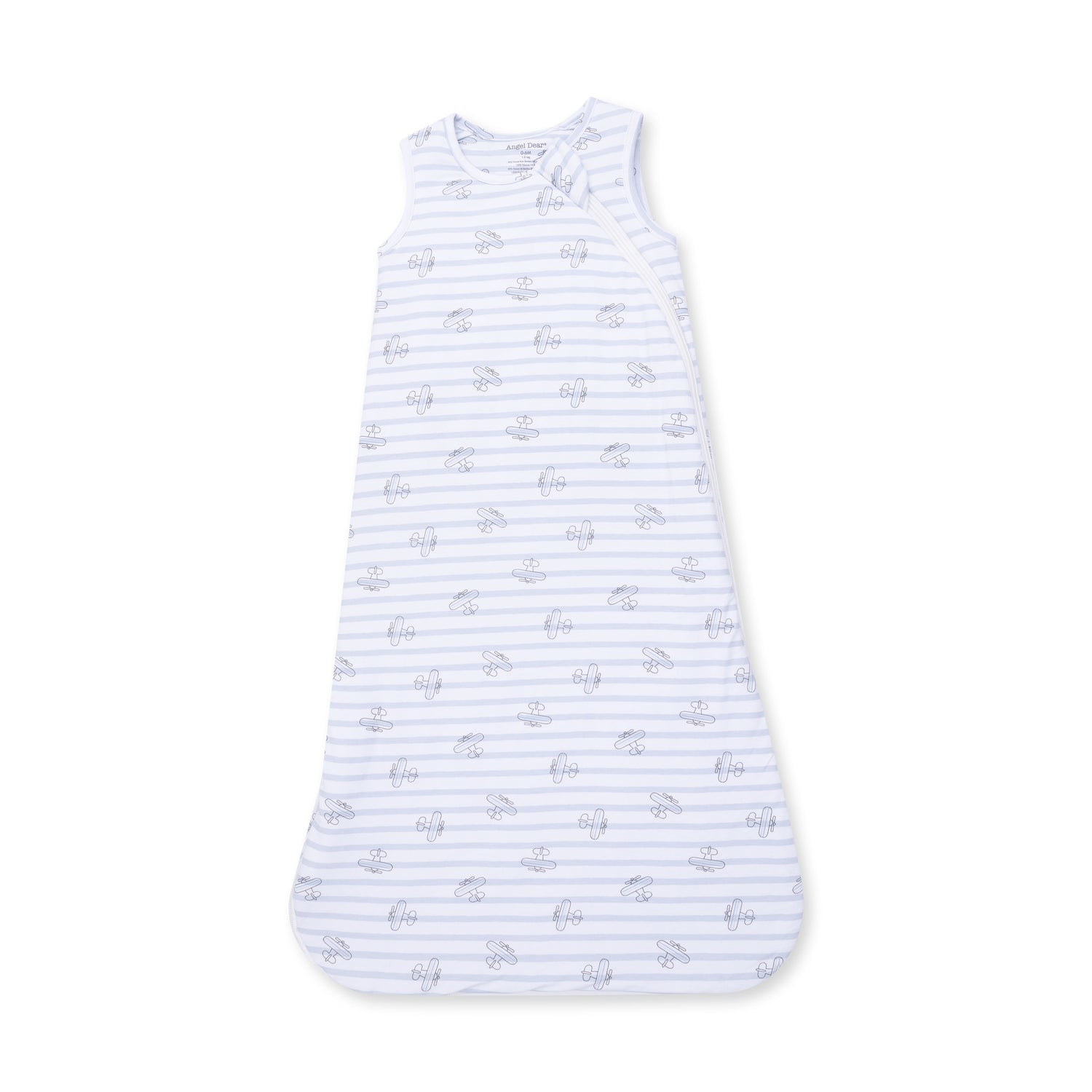 Baby sleep bag in an airplane stripe print with a full-length front zipper