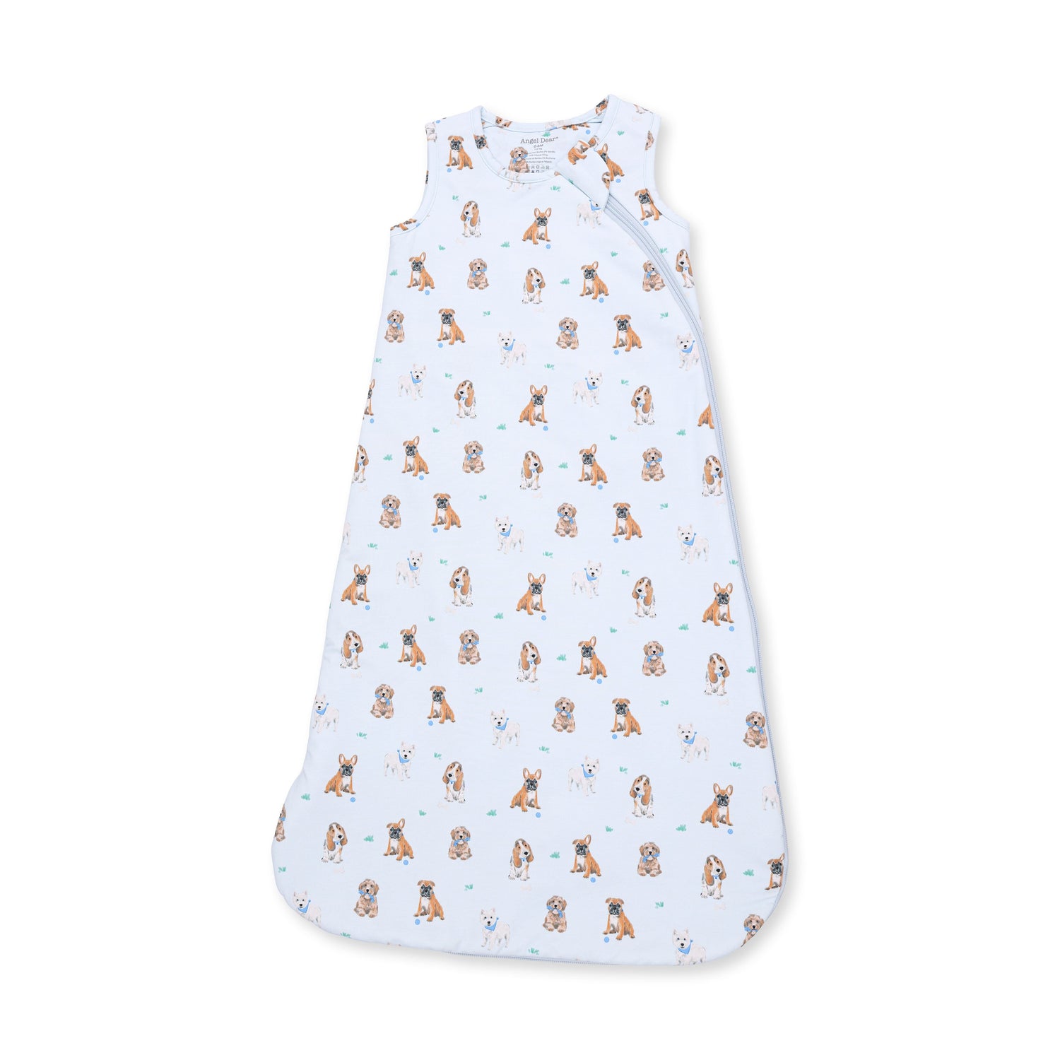 Baby sleep bag in blue with a playful dog print and a full-length two-way zipper