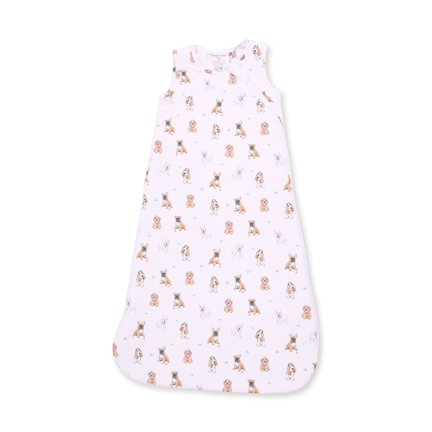 Sleep bag in pink with a playful dog print and a full-length front zipper.