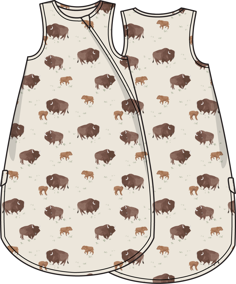 Baby sleep bag in an American Buffalo print with a front zipper and sleeveless armholes.