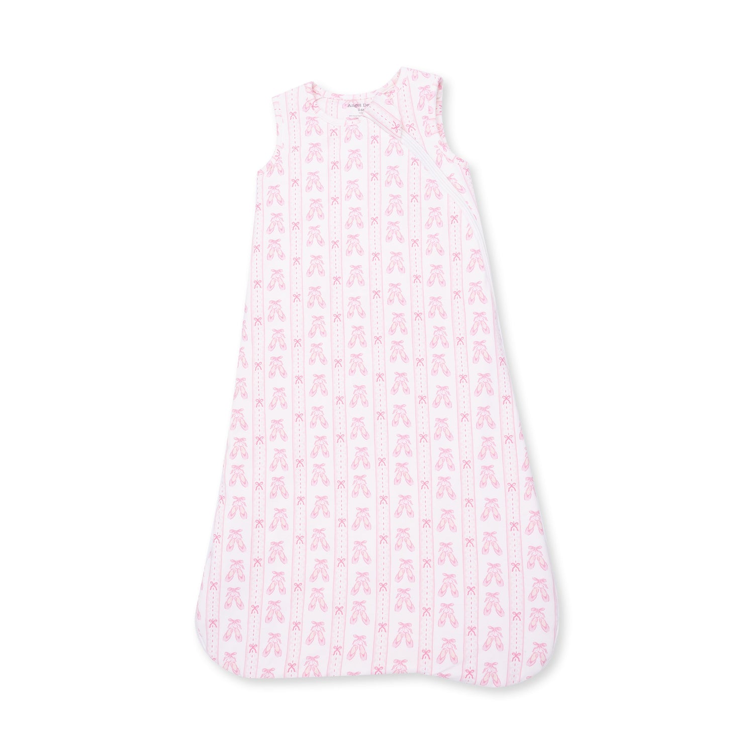Baby sleep bag in a ballet shoes ribbon stripe pattern with a full-length front zipper