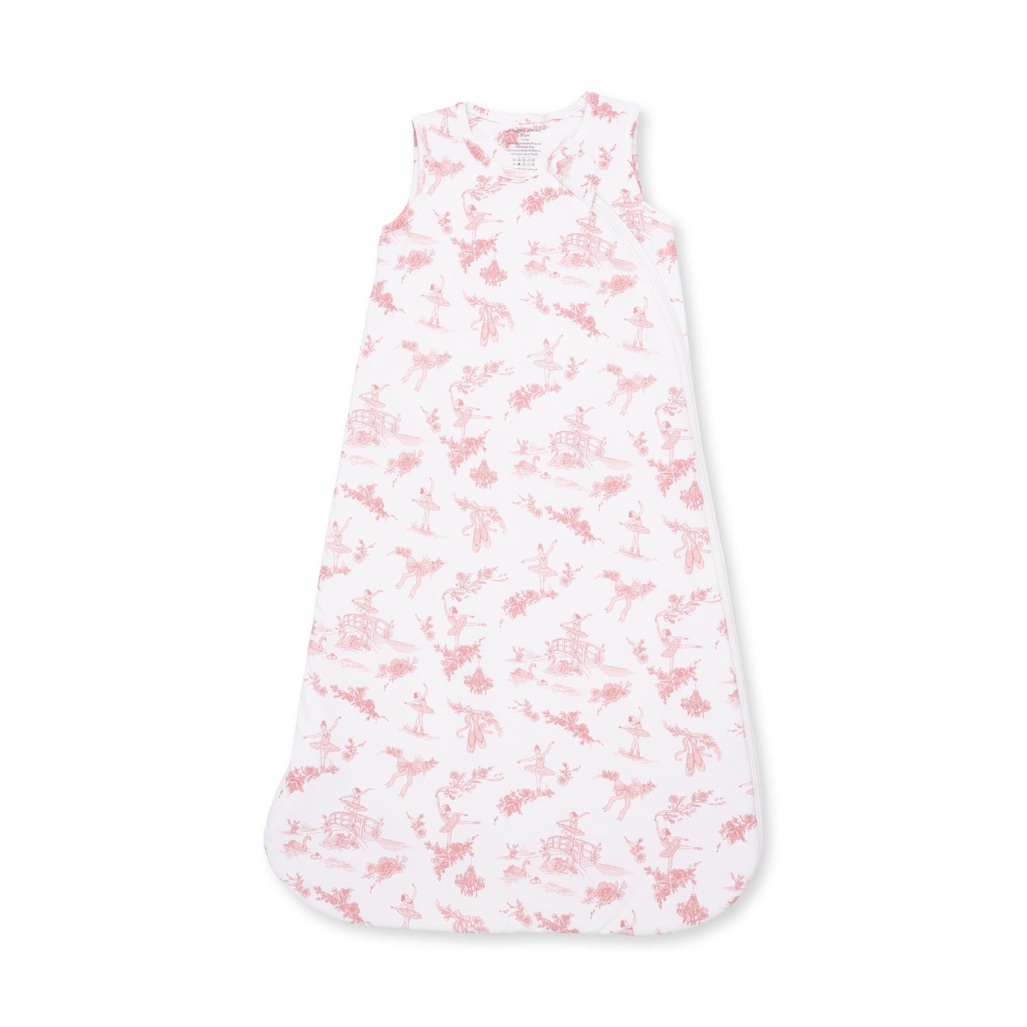 Baby sleep bag in ballet toile print with dancers, sleeveless with two-way front zipper
