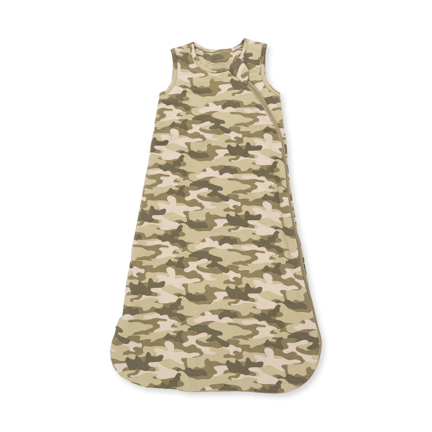 Sleepeveless baby sleep bag in green and gray camo print with two-way front zipper